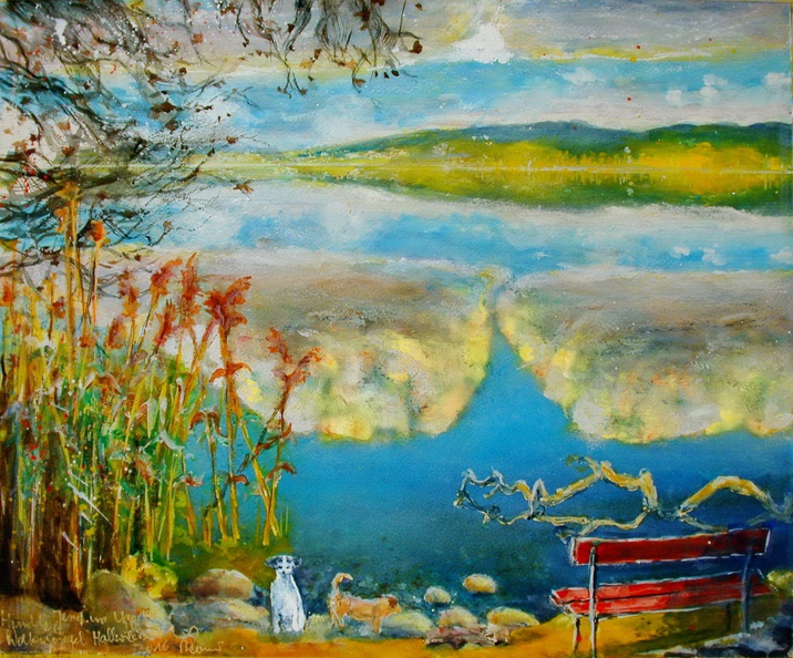 28O  Alberto Romer, Aquarell mit Pastell 50x60 cm 2016, Hundeli Jessa und Uggo vor Wolkenspiegel, Hallwilersee.jpg
