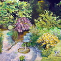 445 Alberto Romer, Aquarell u Mt 50x60cm a Pa. Wasser, Weiher, Lichtspiele u Farbenpracht im Garten Ro Böju, 2023 N 1650
